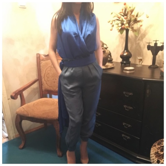 Silk Blue Teal Draping Top & Pant Set - Picture 5 of 12